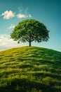 Tree is growing on hill in field of green grass. Generative AI Royalty Free Stock Photo