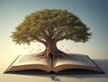 a tree growing on an open book The concept of knowledge grows like a big tree.generative AI