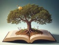 a tree growing on an open book The concept of knowledge grows like a big tree.generative AI