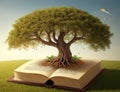 a tree growing on an open book The concept of knowledge grows like a big tree.generative AI