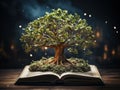 Tree growing from an open book. Conceptual image of education. Generative AI Royalty Free Stock Photo