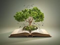 Tree growing out of an open book. Conceptual image of education. Generative AI Royalty Free Stock Photo