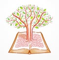 Tree growing from text lines of an open vintage book education or science knowledge concept, educational or scientific literature