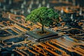 Tree is growing on top of a computer chip. Royalty Free Stock Photo