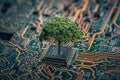 Tree is growing on top of a computer chip. Royalty Free Stock Photo