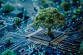 Tree is growing on top of a computer chip. Royalty Free Stock Photo