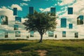 A tree growing upside down in a field of floating mirrors Royalty Free Stock Photo