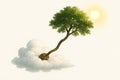 A tree growing from a walnut on a cloud. Space for text. Royalty Free Stock Photo