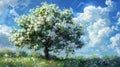 A tree that grows in nature Full of white flowers and green leaves.