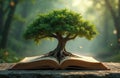 Tree grows from open book in forest. Roots spread across pages, branches reach toward soft light. Symbolizes knowledge, learning, Royalty Free Stock Photo