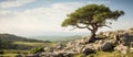 A tree grows on a rocky hillside, overlooking the grassy landscape below Royalty Free Stock Photo