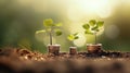 The tree grows on stacked coins on the soil with blur nature background. generative AI Royalty Free Stock Photo