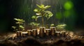 The tree grows on stacked coins on the soil with blur nature background. generative AI Royalty Free Stock Photo