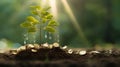 The tree grows on stacked coins on the soil with blur nature background. generative AI Royalty Free Stock Photo