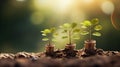 The tree grows on stacked coins on the soil with blur nature background. Generative AI Royalty Free Stock Photo