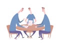 Tree guys having a conversation at the table. Business meeting, job interview, negotiation. Flat vector illustration