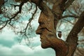 tree halfface with a bird perched as if on a branch Royalty Free Stock Photo