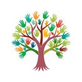 Tree of hands illustration representing community, teamwork, diversity, and global partnership with colorful flat design. Royalty Free Stock Photo