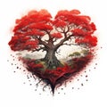 A red tree heart with roots and fallen leaves