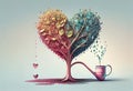 Tree in heart shape pouring water into a cup, mental health concept, love and emotion, positive attitude, creative thinking