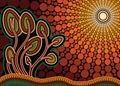 Tree on the hill, Aboriginal tree, Aboriginal art vector painting with tree and sun Royalty Free Stock Photo