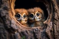 Tree hole nest reveals two curious baby owls, perfect for text