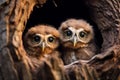 Tree hole nest reveals two curious baby owls, perfect for text