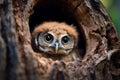 Tree hole nest reveals two curious baby owls, perfect for text