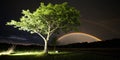 Tree of hope illuminated by light and rainbow in darkness Royalty Free Stock Photo