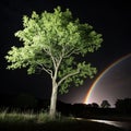 Tree of hope illuminated by light and rainbow in darkness Royalty Free Stock Photo