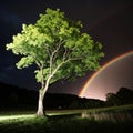 Tree of hope illuminated by light and rainbow in darkness Royalty Free Stock Photo