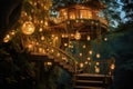 A tree house adorned with numerous hanging lights creates a dazzling and enchanting sight, A whimsical treehouse with string