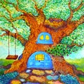 Tree house art fantasy watercolor painting fairy tale illustration design hand drawing