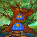 Tree house art fantasy watercolor painting fairy tale illustration design hand drawing