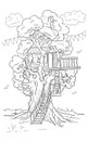 Tree house coloring book for kids hand drawn graphic ink