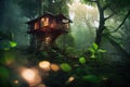 Tree house in deep rain forest with sunlight shining in, for peaceful getaway cocnept Royalty Free Stock Photo