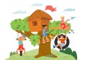 Tree house kids activity game banner. Children playing on playground at park Royalty Free Stock Photo