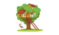 Tree House for Kids, Boys Playing and Having Fun in Treehouse, Kids Playground with Swing and Ladder Vector Illustration Royalty Free Stock Photo