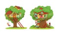 Tree House for Kids Collection, Boys and Girls Playing and Having Fun in Treehouse, Kids Playground with Swing and Royalty Free Stock Photo