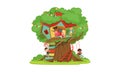 Tree House for Kids, Cute Happy Boys and Girls Playing and Having Fun in Treehouse, Kids Playground with Swing and Royalty Free Stock Photo