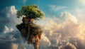 Tree house on rock flying in sky Royalty Free Stock Photo
