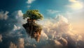 Tree house on rock flying in sky Royalty Free Stock Photo