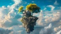 Tree house on rock flying in sky Royalty Free Stock Photo