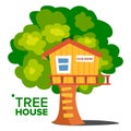 Tree House Vector. Children Playground. House On Tree. Wooden Cabin For Kids. Isolated Flat Cartoon Illustration Royalty Free Stock Photo