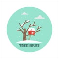 Tree house in winter, vector flat illustration, icon in a circle. Snowflakes from the sky