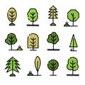 Isolated black and white color trees in lineart style set, forest, park and garden tree flat signs collection. Royalty Free Stock Photo