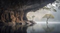 Ethereal Cave With Trees: A Fusion Of Water And Land