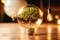 Tree Inside a Light Bulb on a Table. Green Energy Concepts. Created with Generative AI