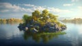 Tree on Island. fantasy floating island with natural lonely tree on the rock river