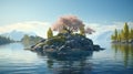 Tree on Island. fantasy floating island with natural lonely tree on the rock river